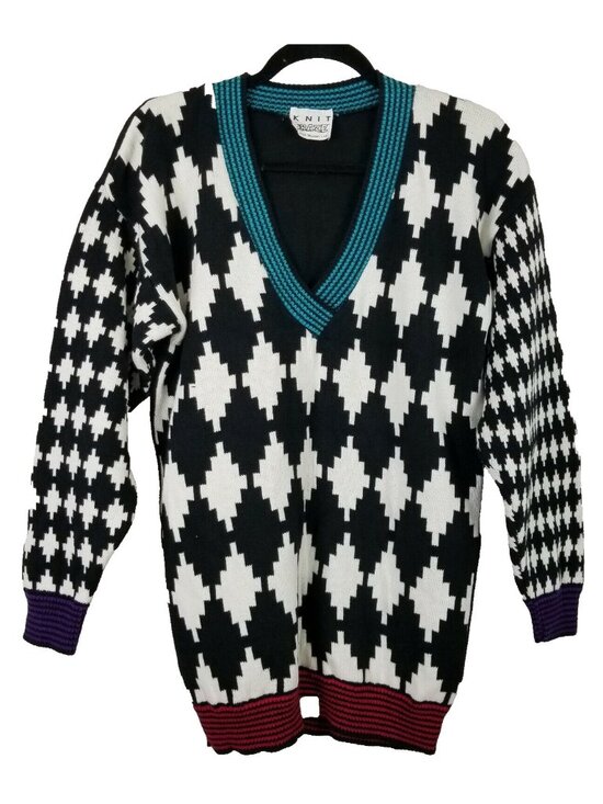 Knit Kraze by Knit Maven Sweaters - 1990's Vintage Knit Kraze by Knit Maven colorful V neck Women sweater size L